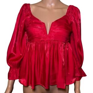 Entro Red Metallic V Neck Smocked Back Peplum Blouse Women's Size S